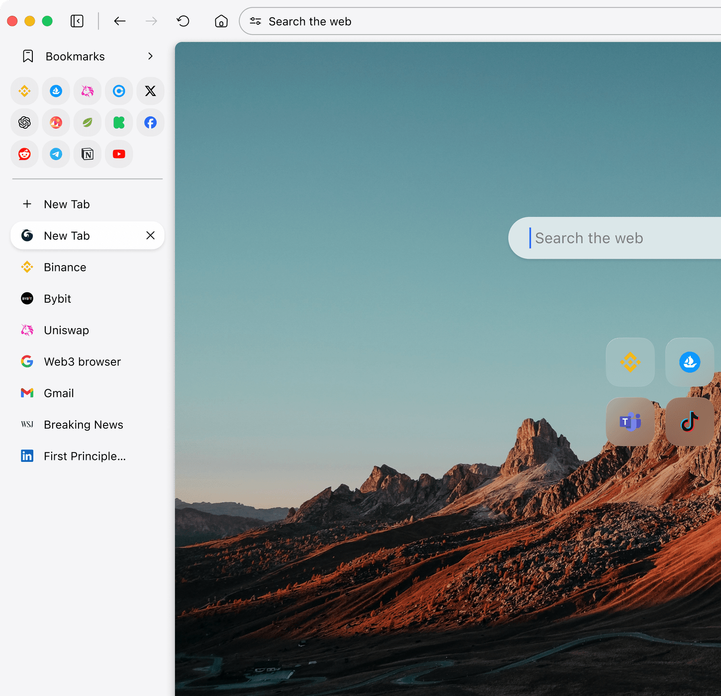Herond Browser: bookmarks rail, vertical tab stack and search field